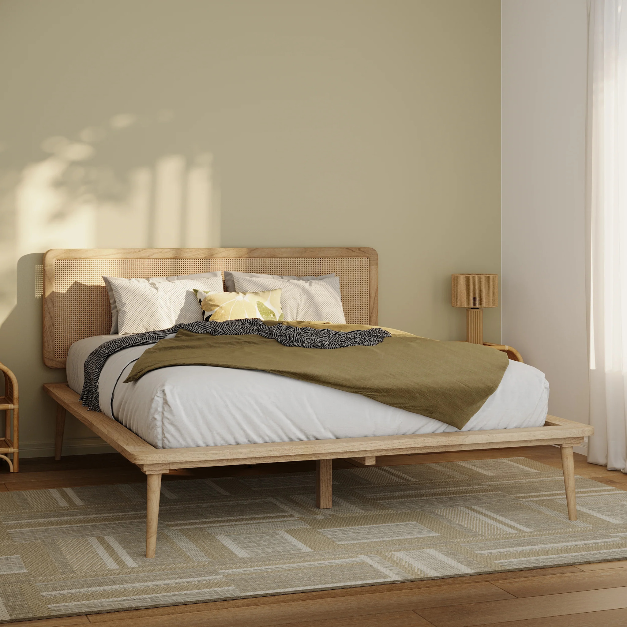 Lit double 140x190 cm en bois et cannage - Adik