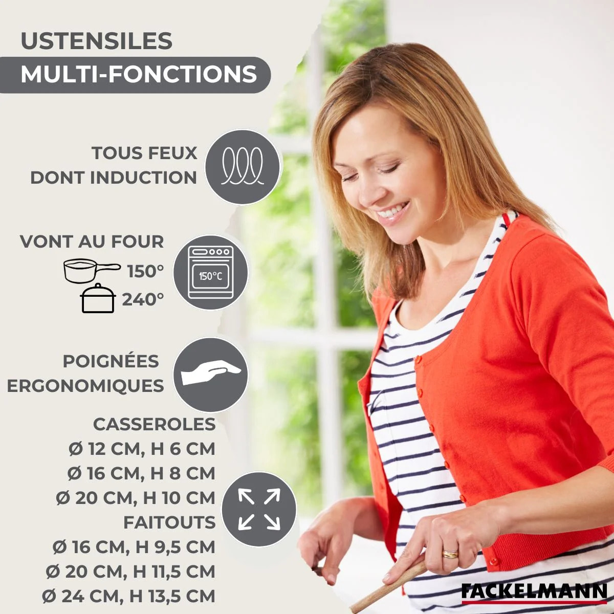 Batterie de cuisine avec 3 casseroles 12/16/20 cm et 3 faitouts 16/20/24 cm avec 6 ustensiles de cuisine sans PFAS Fackelmann Généva Brillant Oxford