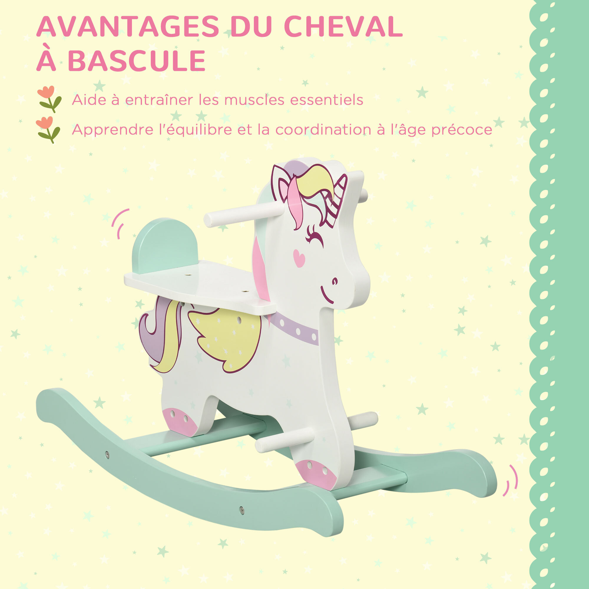 Cheval à bascule licorne en bois - jeu à bascule bois - poignées repose-pied butées - MDF blanc vert rose