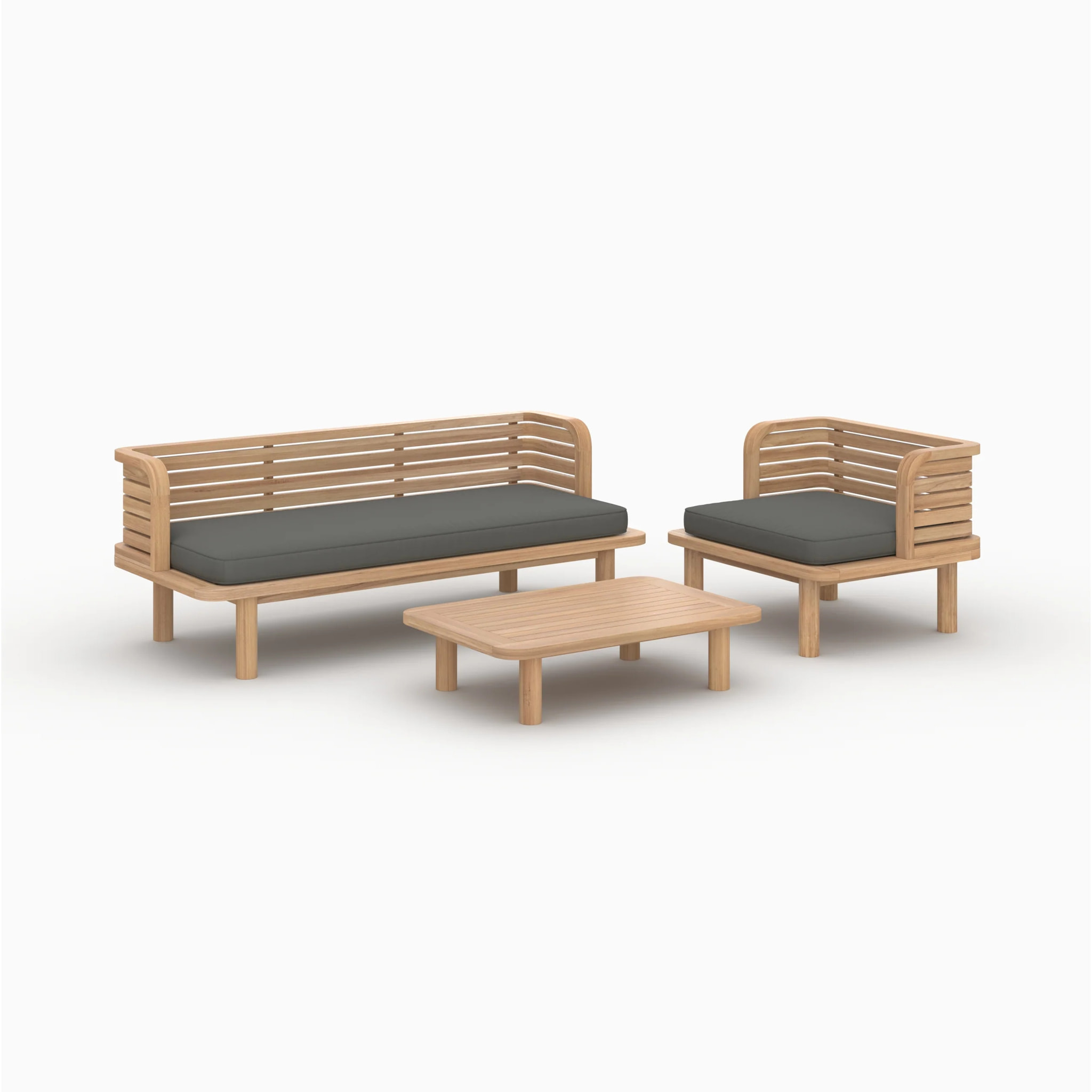 Salon de jardin 3 places en bois de teck et tissu gris - Kilda