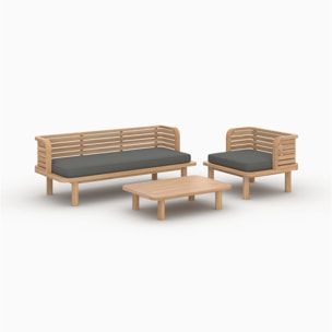 Salon de jardin 3 places en bois de teck et tissu gris - Kilda