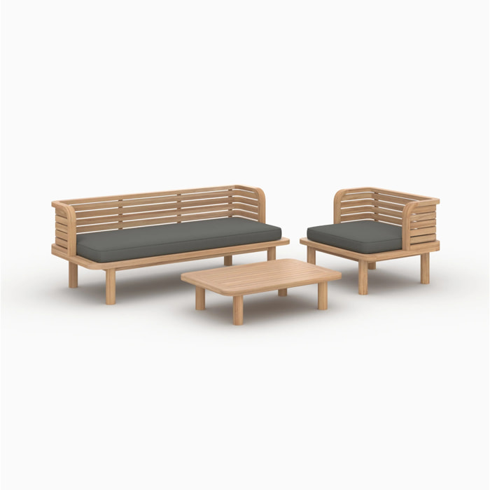 Salon de jardin 3 places en bois de teck et tissu gris - Kilda