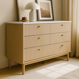 MIRANDELA Buffet 6 tiroirs aspect bois rainuré et blanc 120cm