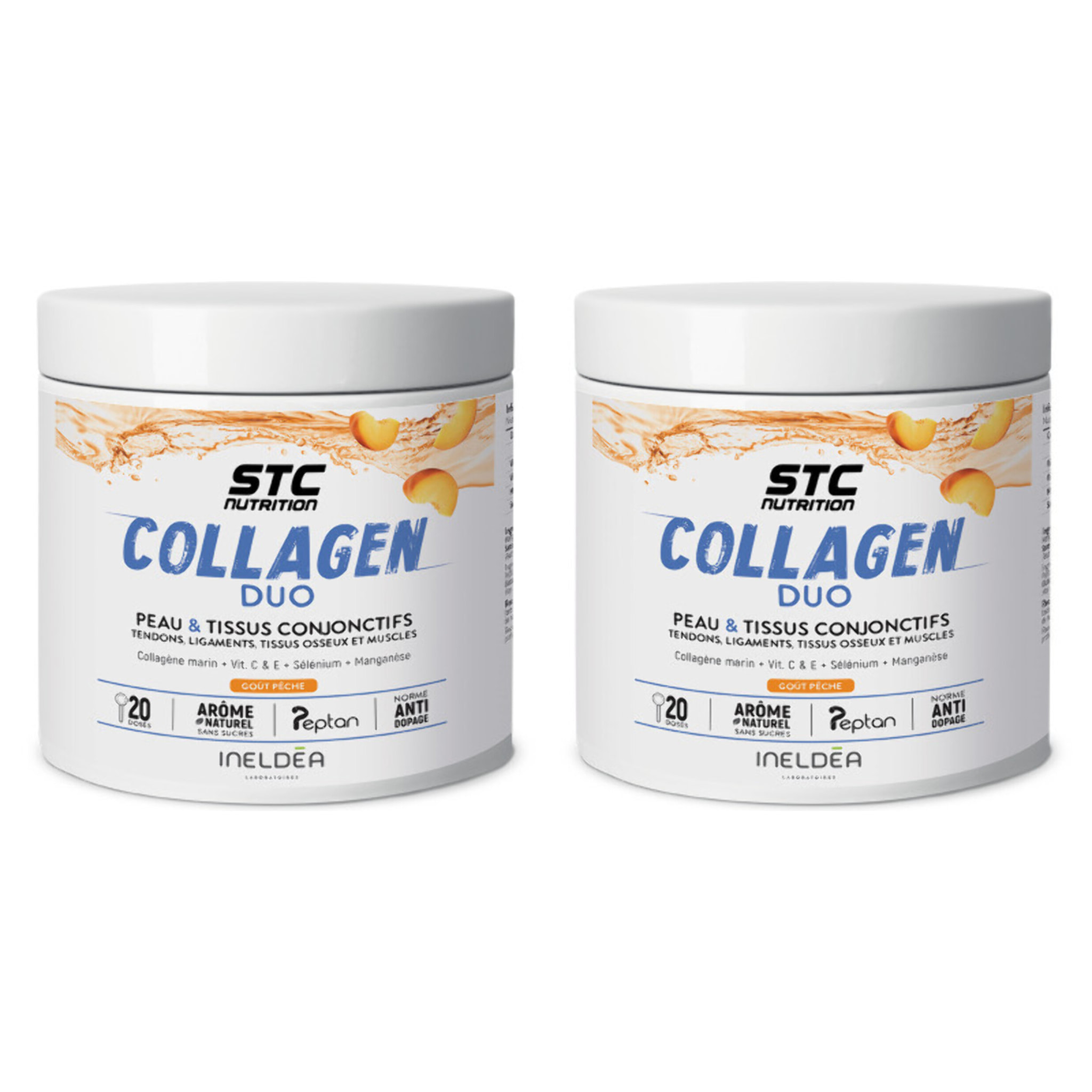 STC NUTRITION - Collagen Duo - Favorise la Santé de la Peau, des Os et des Articulations - Collagène Marin Type I + Vitamines C & E + Sélénium + Manganèse - Arôme naturel de pêche - 2 pots