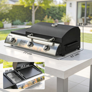Barbacoa de Gas BBQ Gas con 3 Quemadores 7,5 kW, Barbacoa de Mesa Portátil con Parrilla, Plancha, Estante Lateral Convertible, Termómetro, Tapa, Caja de Goteo, Patas Ajustables, Negro