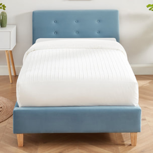 Ensemble lit enfant 90x190cm + matelas Memo HR avec tête de lit capitonnée en velours bleu - sommier à lattes - Milo