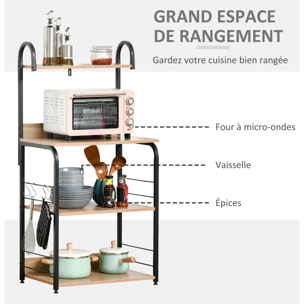 Étagères de cuisine - étagère micro-onde - meuble micro-onde - 3 étagères, plateau, crochets - panneaux particules aspect chêne clair châssis métal noir