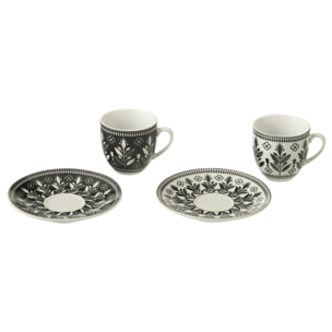 J-Line tasse + sous-Tasse Feuilles - céamique - noir/blanc - boîte de 6