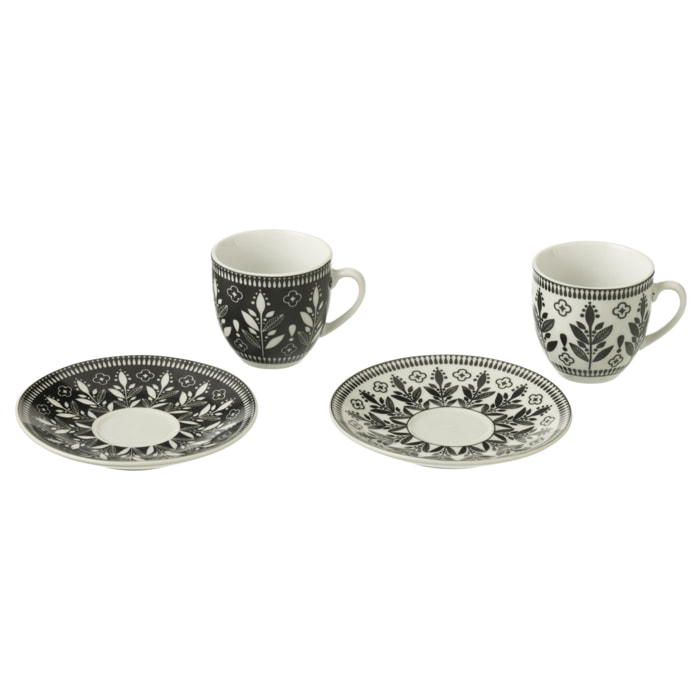 J-Line tasse + sous-Tasse Feuilles - céamique - noir/blanc - boîte de 6