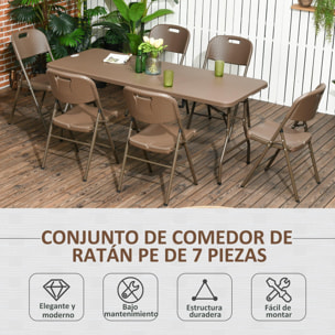 Conjunto de Mesa y 6 Sillas de Jardín Juego de Comedor de 7 Piezas Plegable Diseño de Imitación de Ratán con Marco de Acero para Playa Terraza Patio Marrón