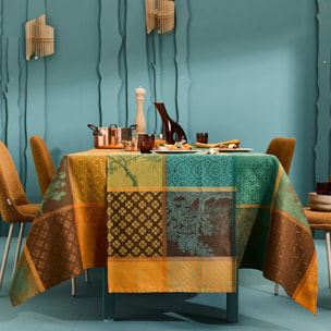 Chemin de table pur coton 220 g/m² motif jacquard brun vert Mille trees foret