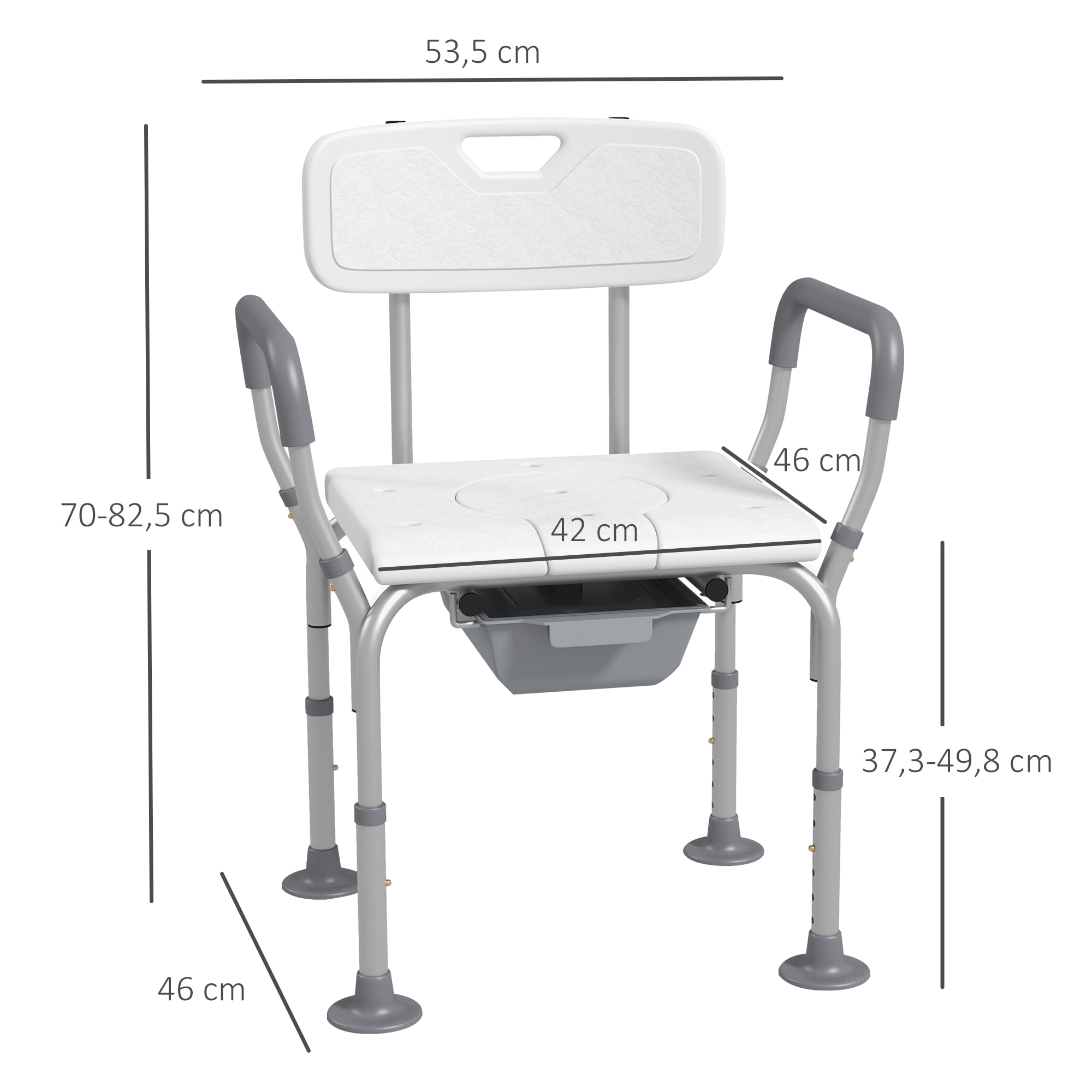 Chaise de douche chaise percée 2 en 1 - hauteur réglable, antidépante - seau de toilette, accoudoirs - alu HDPE blanc