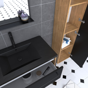 Meuble de salle de bain 80x50cm - vasque noir effet pierre -tiroirs noir mat + colonne + mirroir