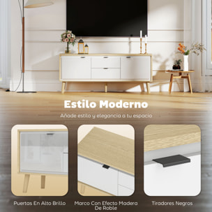 Mueble de TV Moderno de 2 Puertas, Mueble TV para Salón con 2 Cajones, Orificios Pasacables, Estantes Extraíbles y Ajustables, para Televisión 55 Pulgadas, 120x35x50 cm, Blanco Brillo y Roble