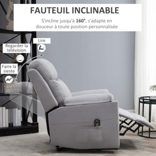 Fauteuil de relaxation électrique - fauteuil releveur inclinable avec repose-pied ajustable et télécommande - tissu aspect lin gris clair