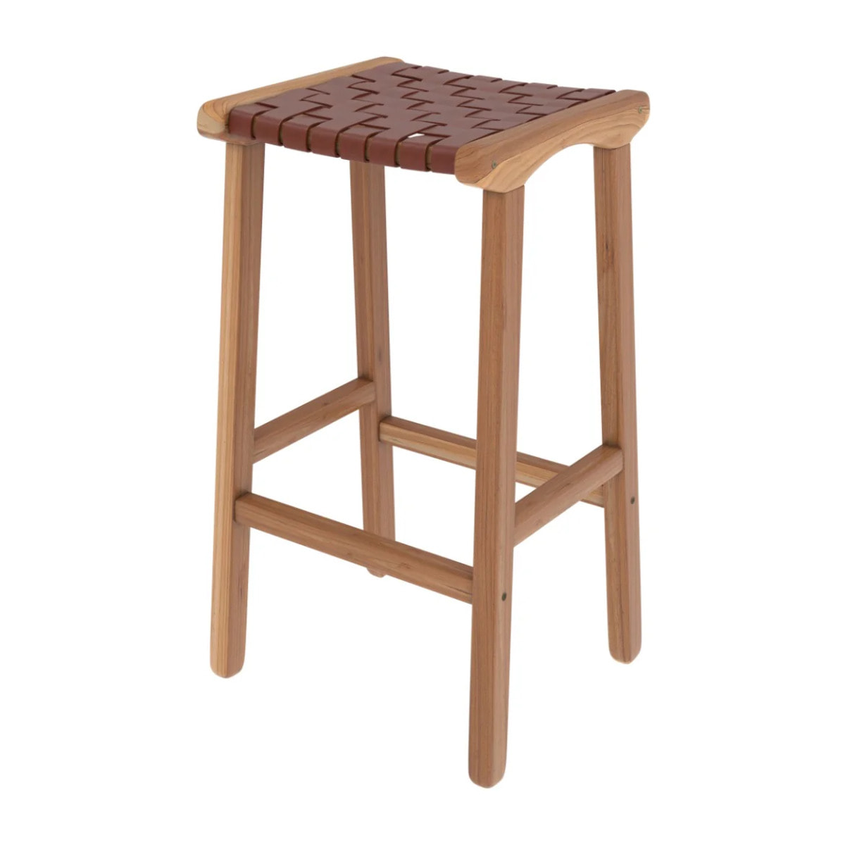 Tabouret pour îlot central 68 cm en teck et cuir tressé marron - Kuna