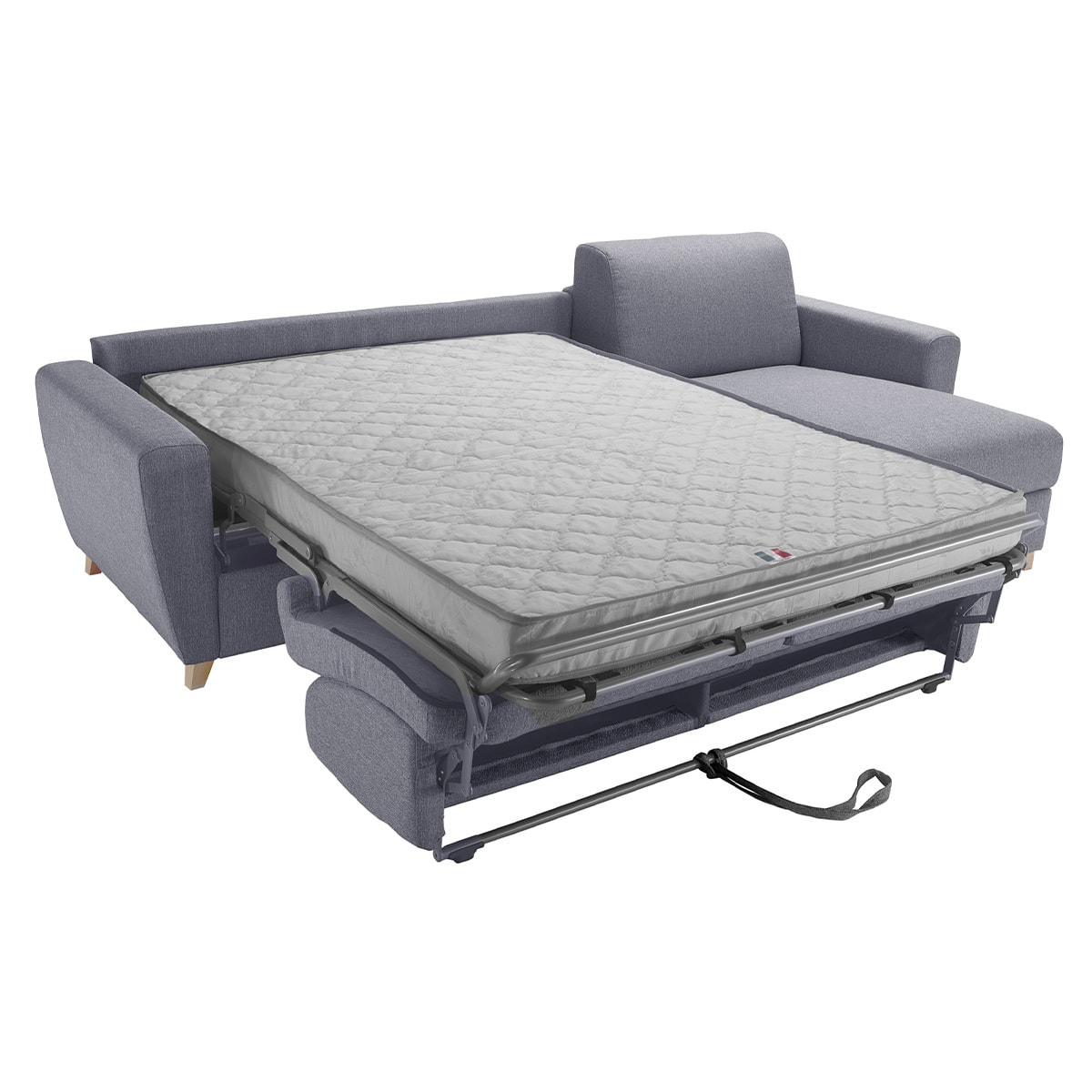 Canapé d'angle réversible et convertible avec coffre 4 places en tissu gris et bois clair GRAHAM