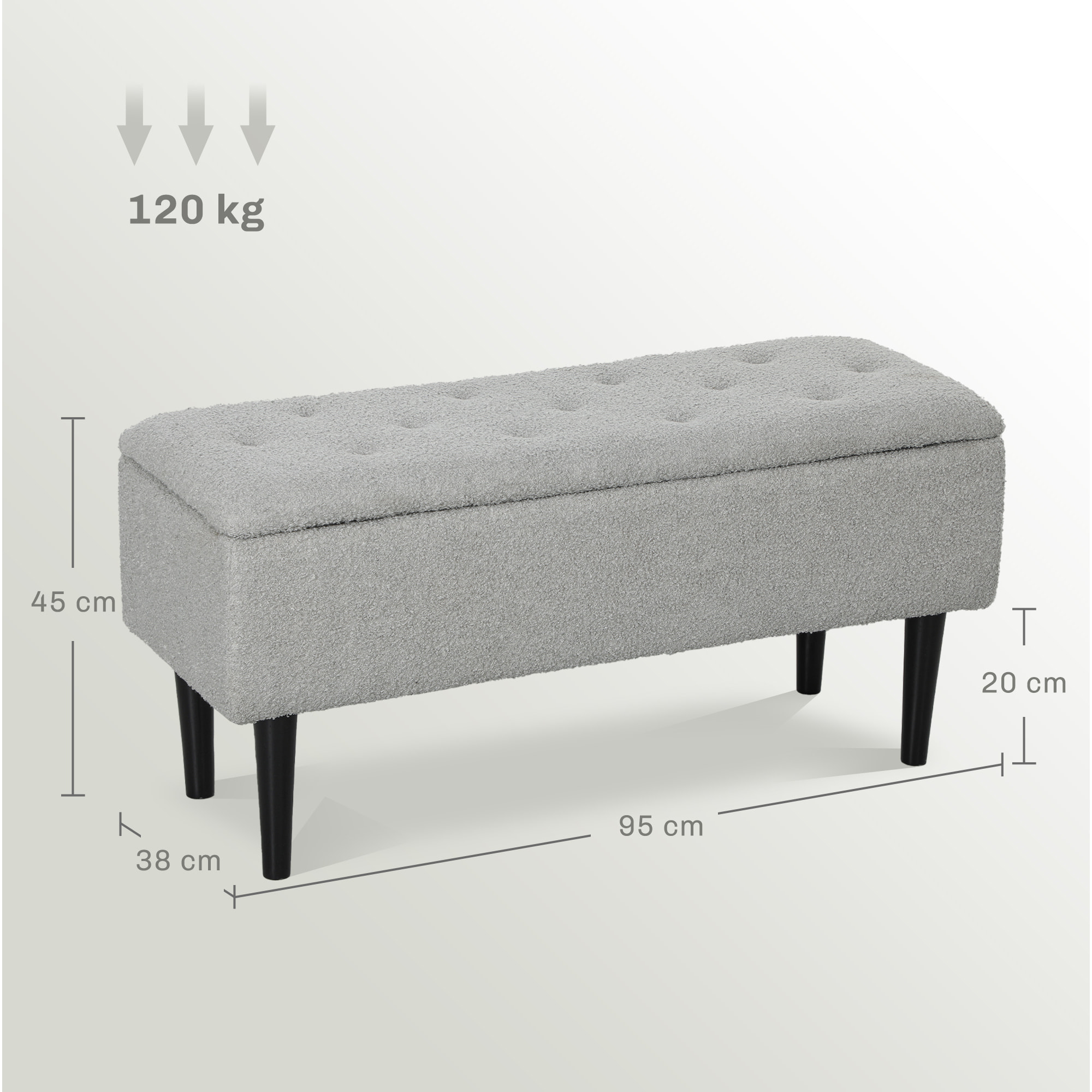 Puff Almacenaje, Banco Almacenaje Plegable, Capacidad de 47 L, 95x38x45 cm, Tapizado en Borreguito, Pie de Cama con Tapa Abatible y Patas de Madera, para Salón, Dormitorio, Entrada, Gris