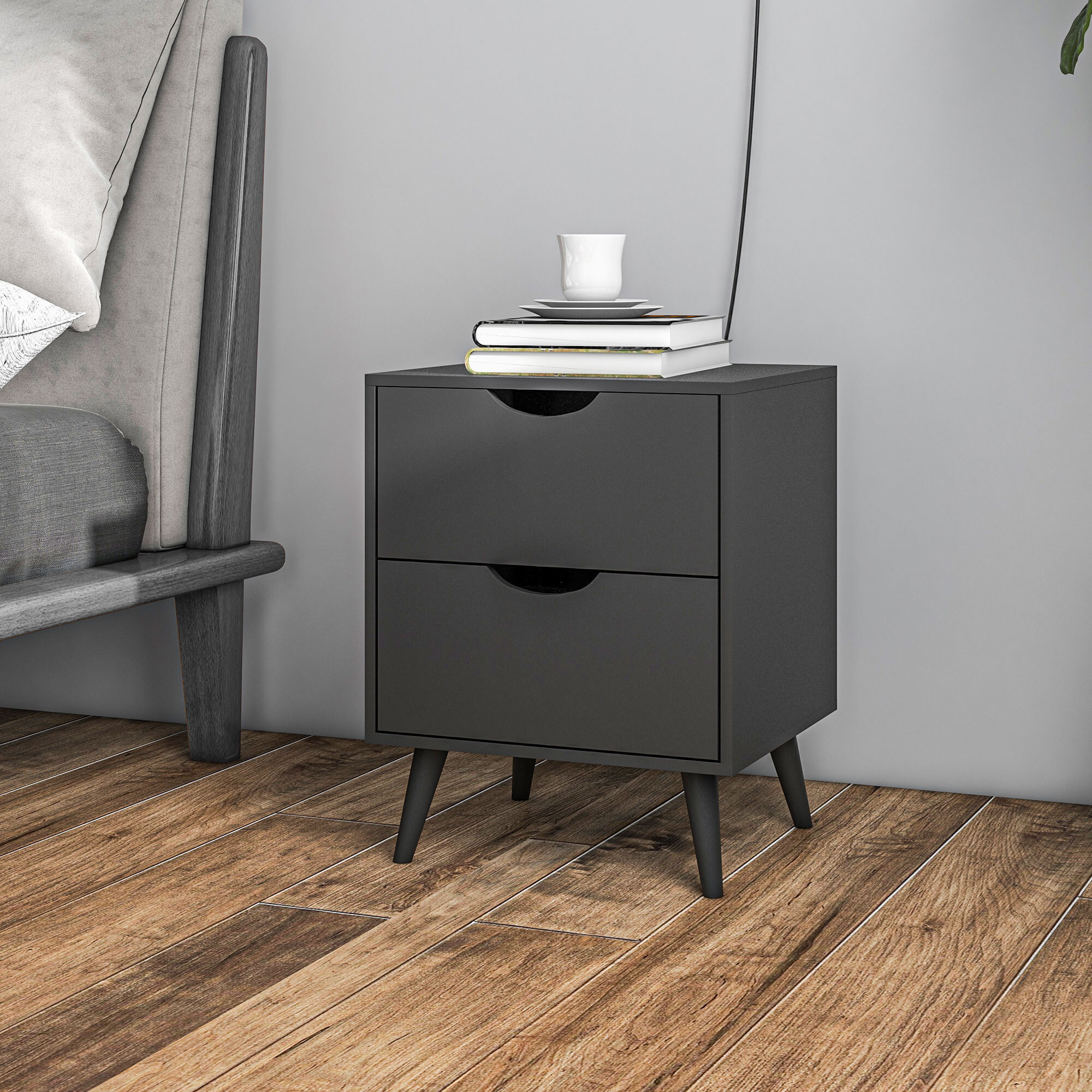 Chevet 2 tiroirs table de nuit style nordique dim. 40 x 35 x 50,5 cm noir