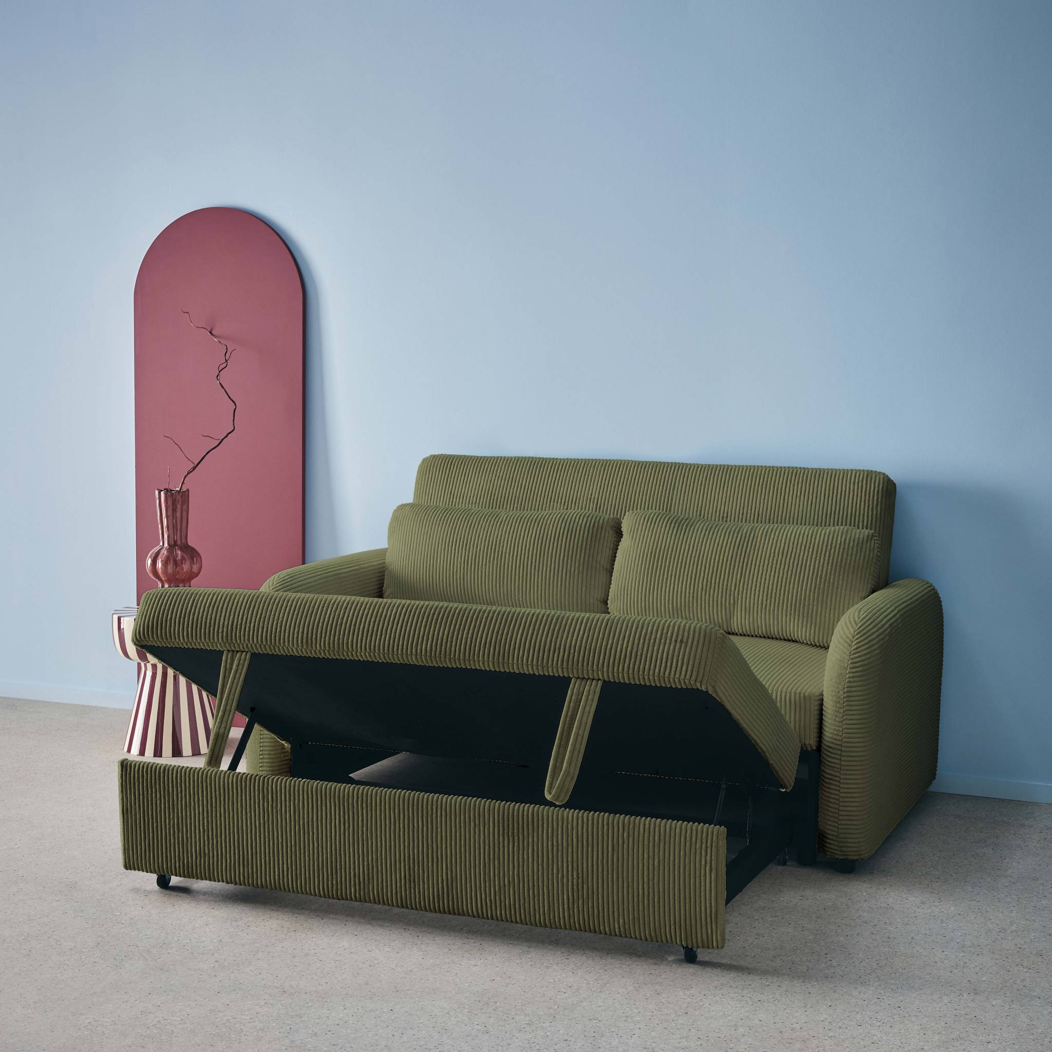 Canapé convertible arrondi 2 places velours côtelé kaki L 168 x P 90 x H 88cm - Lino