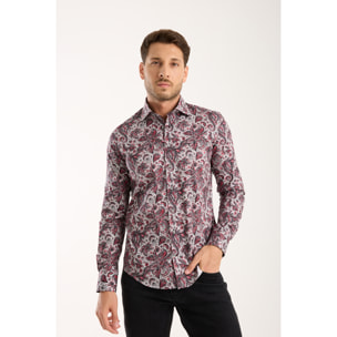 Camicia Uomo 1 Bottone Francese Slim Popeline Stretch Stampato Grigio Chiaro e Rosso