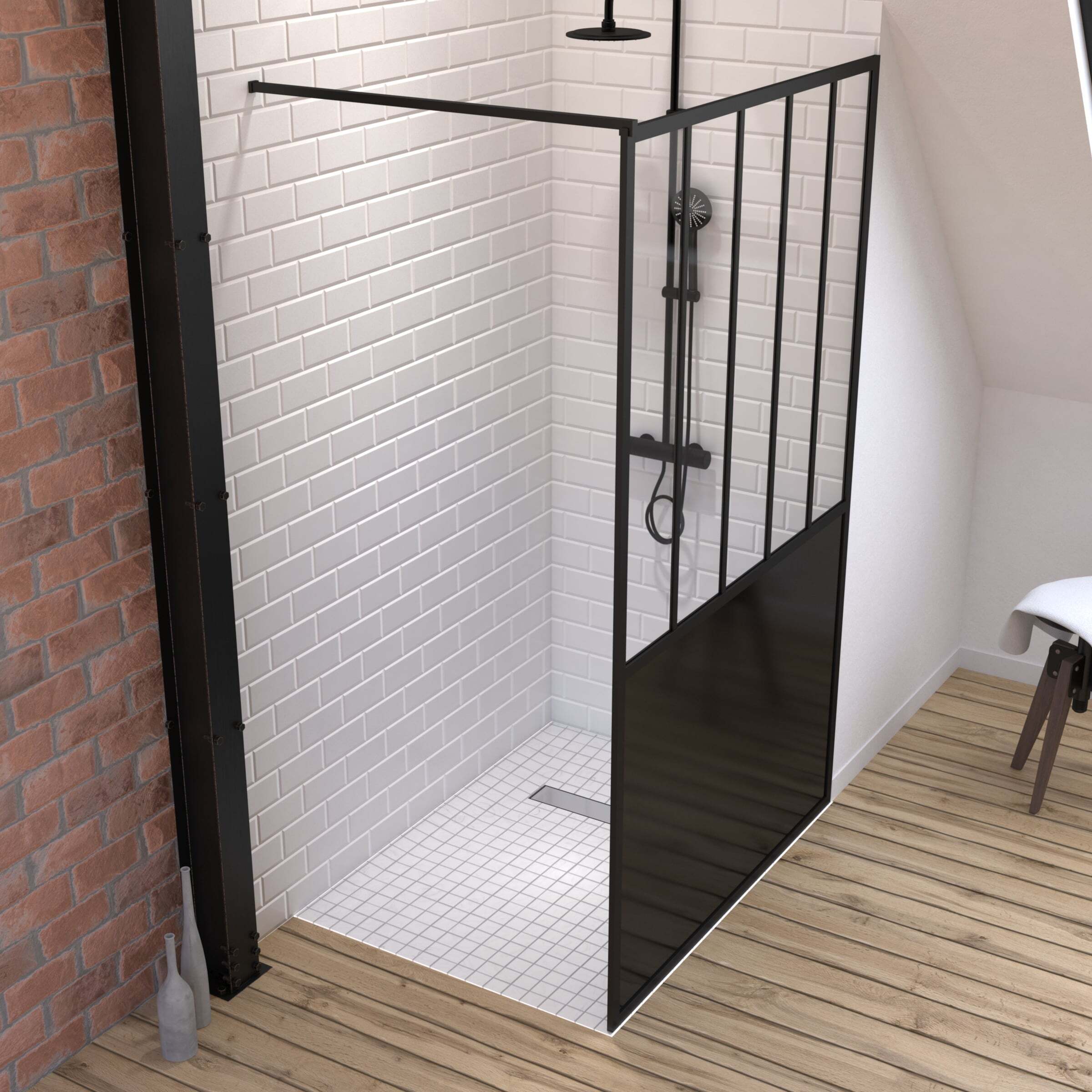 Pack Paroi de douche 120x200 cm noir mat + RECEVEUR DE DOUCHE A CARRELER 80x120CM RECOUPABLE