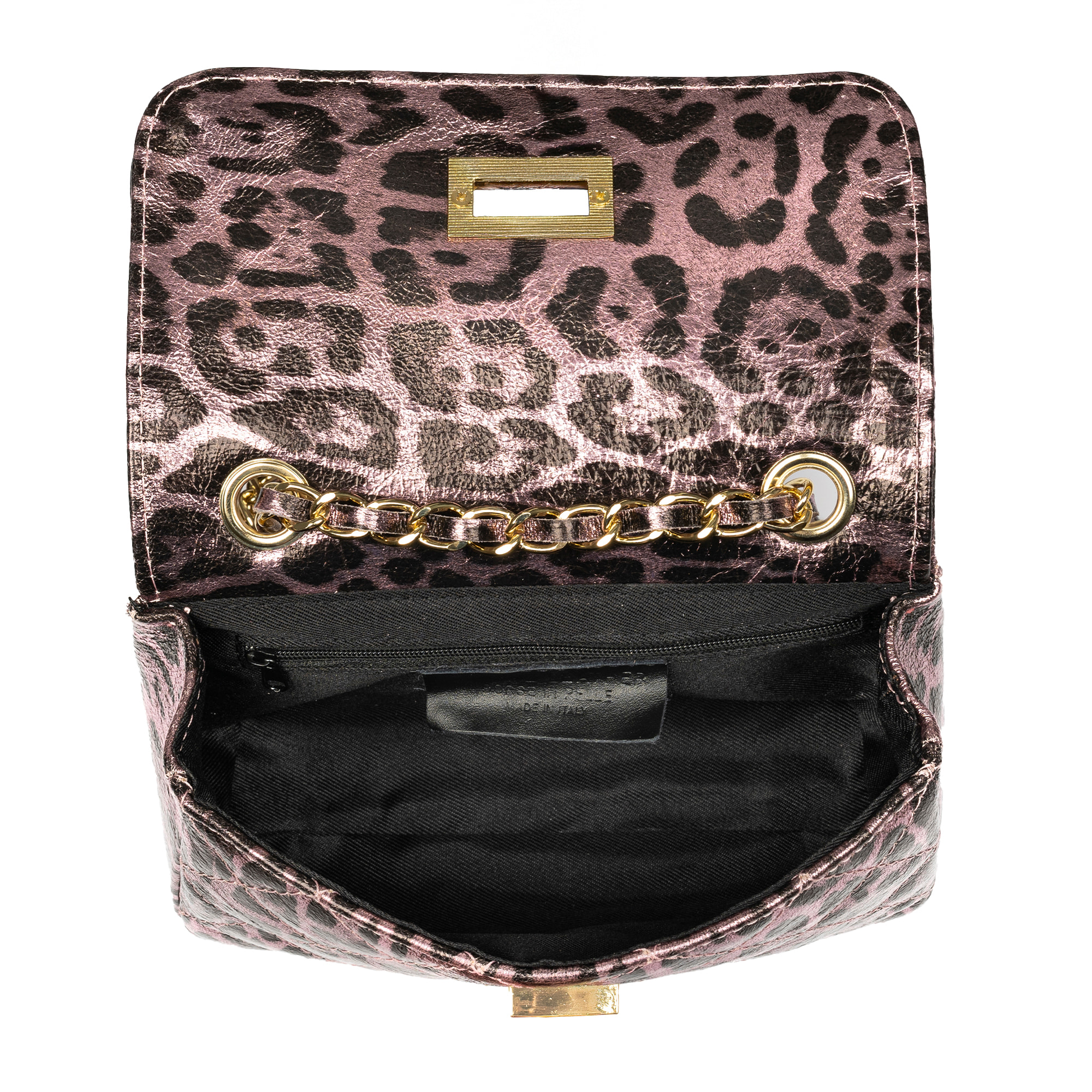 Amaro borsa a tracolla donna. Pelle autentica Camoscio trapuntato, stampa animale leopardata, laccato lucido.