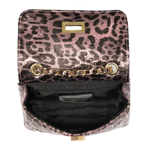 Amaro borsa a tracolla donna. Pelle autentica Camoscio trapuntato, stampa animale leopardata, laccato lucido.