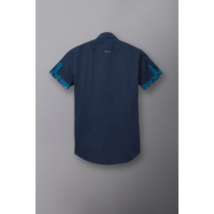 Camicia Uomo Manica Corta 2 Bottoni Button Down 7 Botto Popeline Stretch Unito Blu