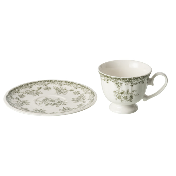 J-Line Tasse et sous-tasse fleurs - céramique - vert foncé/blanc - set de 6