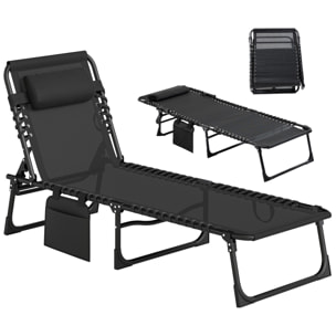 Tumbona Plegable, Tumbona Jardín Exterior Reclinable 5 Posiciones, con Reposacabezas Acolchado, Bolsillo Lateral y Estructura de Acero, para Terraza, Piscina, 189x58x30 cm, Negro