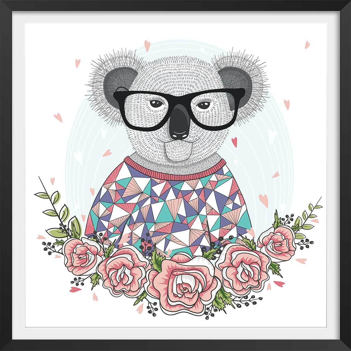 Affiche enfant hipster koala Affiche + cadre en bois - Noir