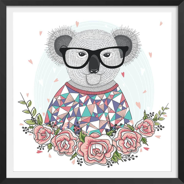Affiche enfant hipster koala Affiche + cadre en bois - Noir