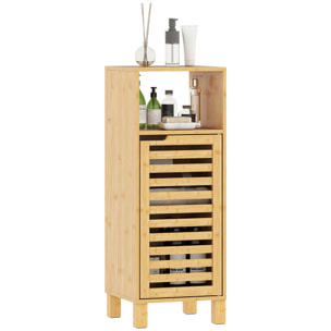 Armario de Baño de Bambú, Columna de Baño Estrecha con Estante Abierto, Puerta de Lamas, Estante Ajustable, 30x30x80 cm, Natural