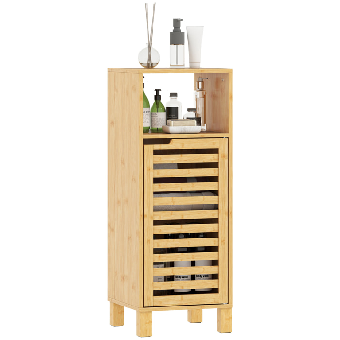 Armario de Baño de Bambú, Columna de Baño Estrecha con Estante Abierto, Puerta de Lamas, Estante Ajustable, 30x30x80 cm, Natural