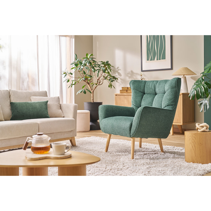 Fauteuil scandinave tissu effet velours texturé vert foncé et bois clair AVERY