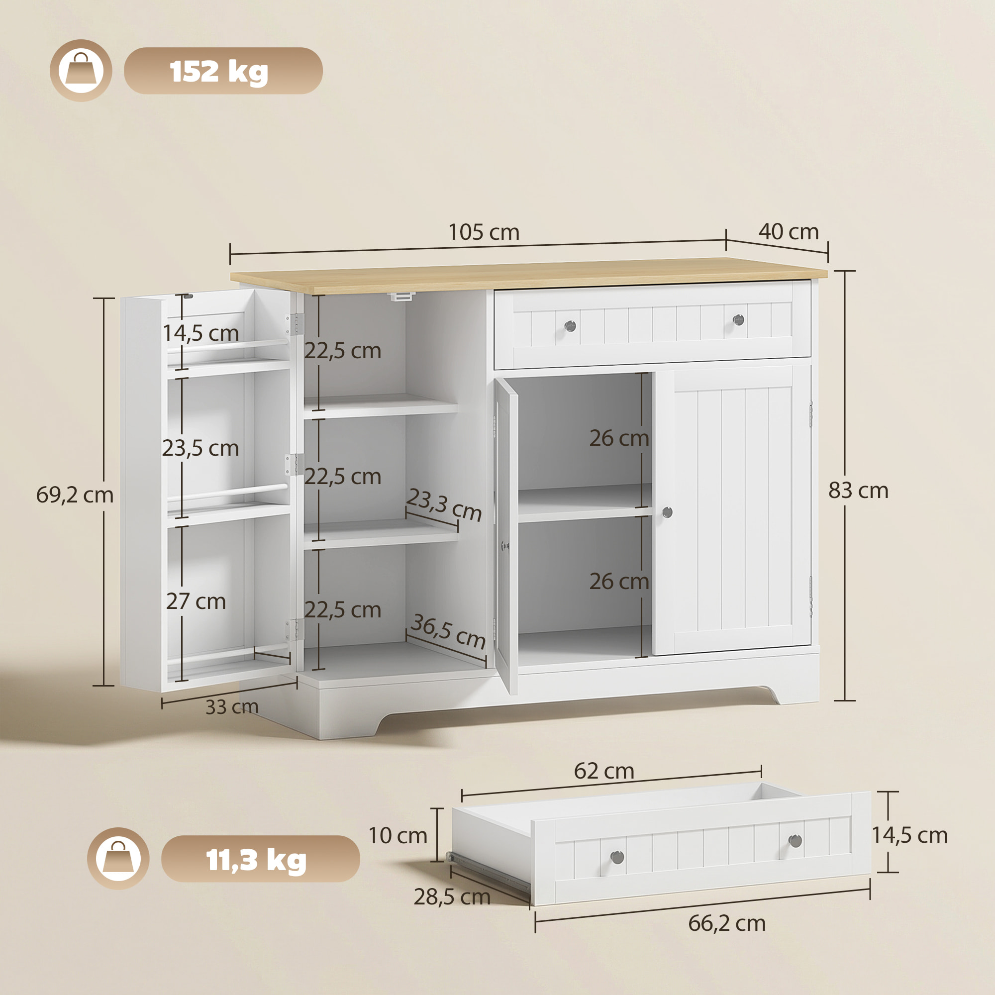 Aparador de Cocina, Armario de Cocina con 3 Estantes de Puerta, 1 Cajón, Estantes Ajustables, Aparador para Comedor, 105x40x83 cm, Blanco