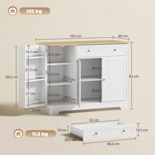 Aparador de Cocina, Armario de Cocina con 3 Estantes de Puerta, 1 Cajón, Estantes Ajustables, Aparador para Comedor, 105x40x83 cm, Blanco