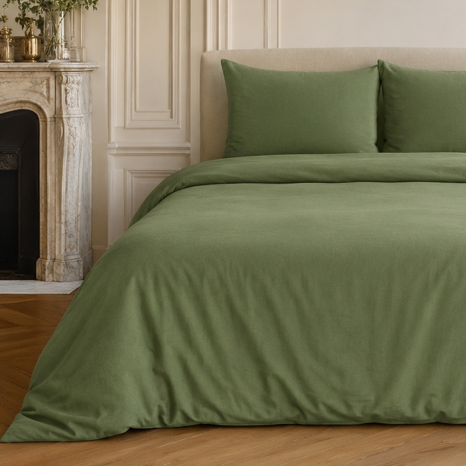 Parure housse de couette coton/lin unie vert kaki, HAVEN