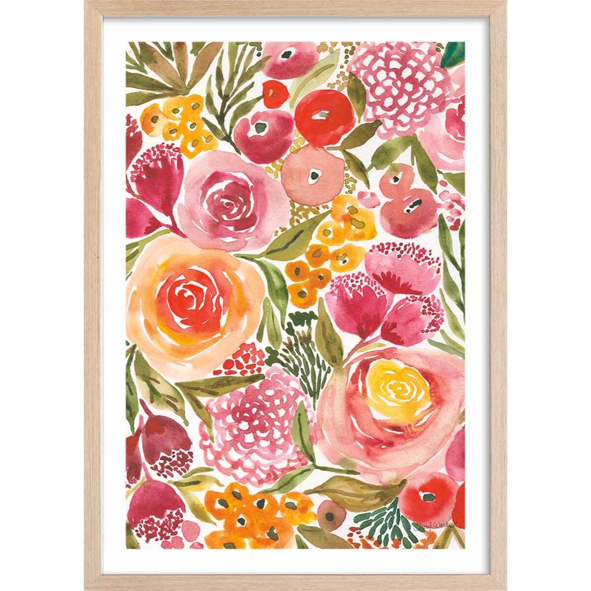 Poster fleurs pivoine Affiche + cadre en bois - Chêne
