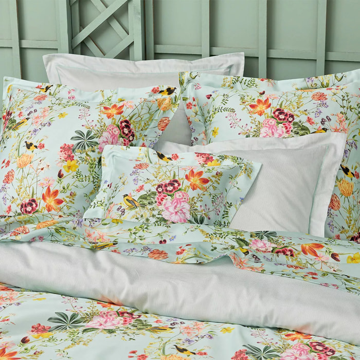 Taie d'oreiller satin de coton imprimé multicolore Primavera vert d'eau