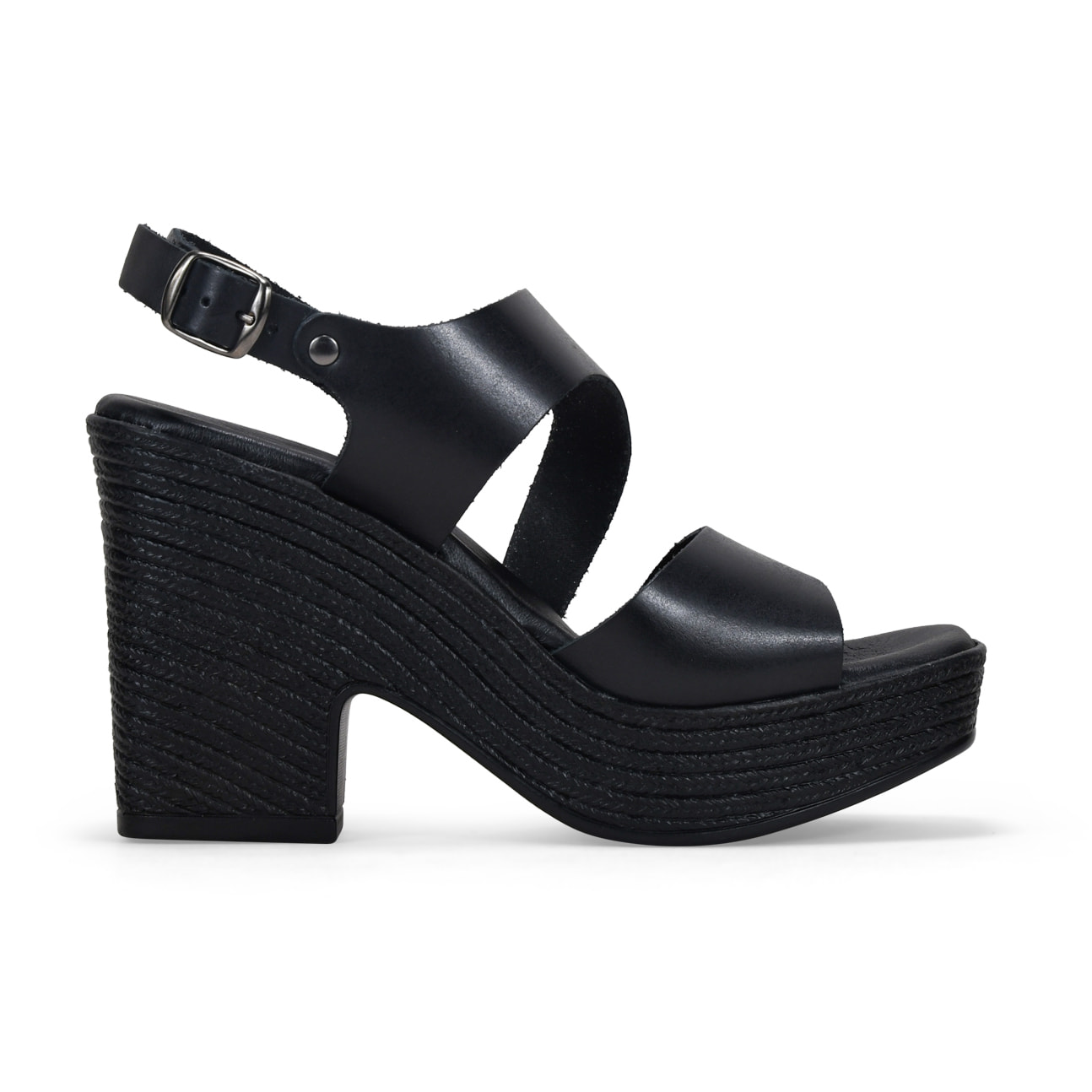 Sandalias de tacón negras en piel con hebilla