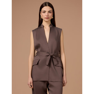 Oltre - Gilet fluido misto lyocell con cintura - Marrone