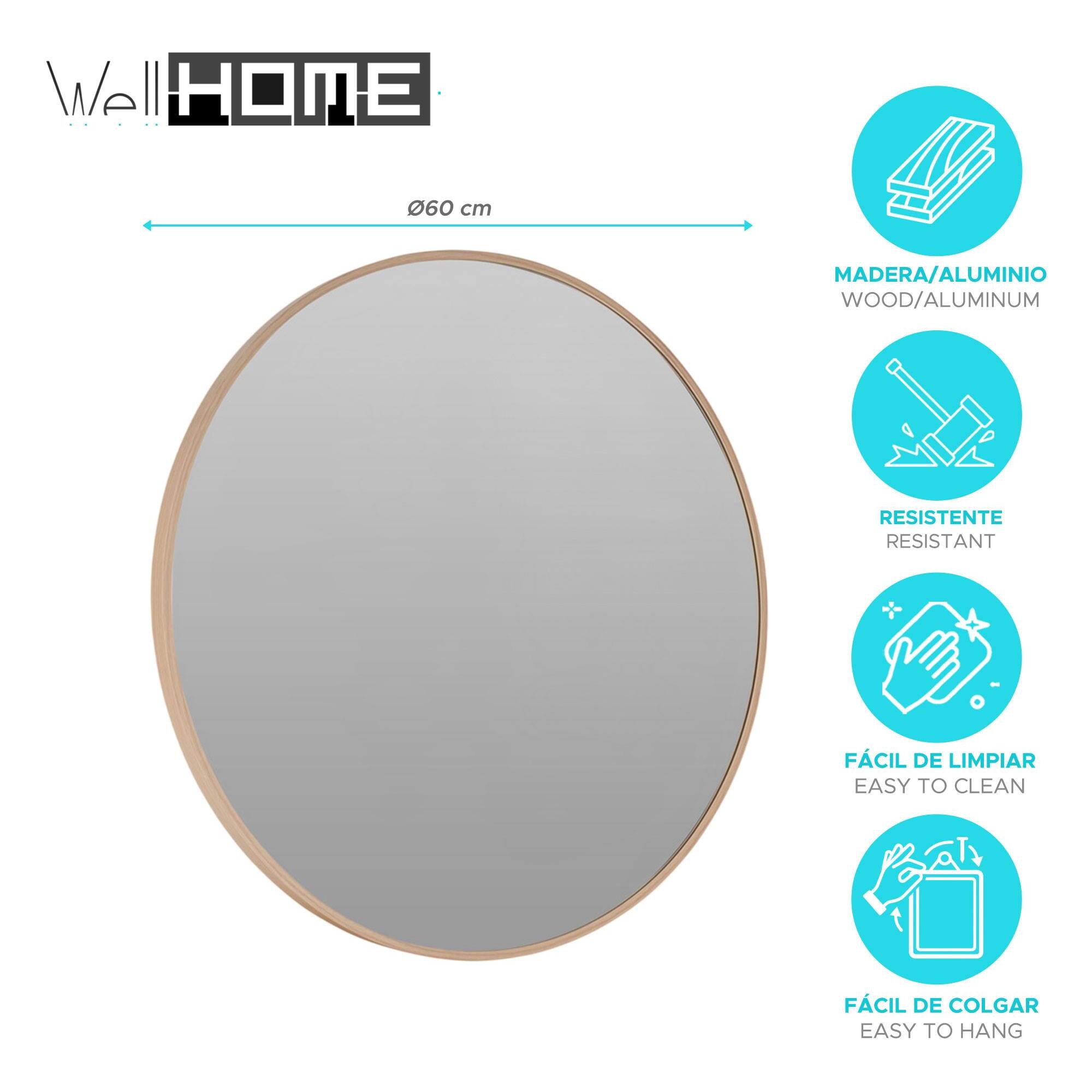 WELL HOME Espejo redondo Ø60cm marco de madera clara, con gancho trasero, ideal para recibidor o baño