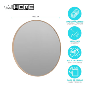 WELL HOME Espejo redondo Ø60cm marco de madera clara, con gancho trasero, ideal para recibidor o baño
