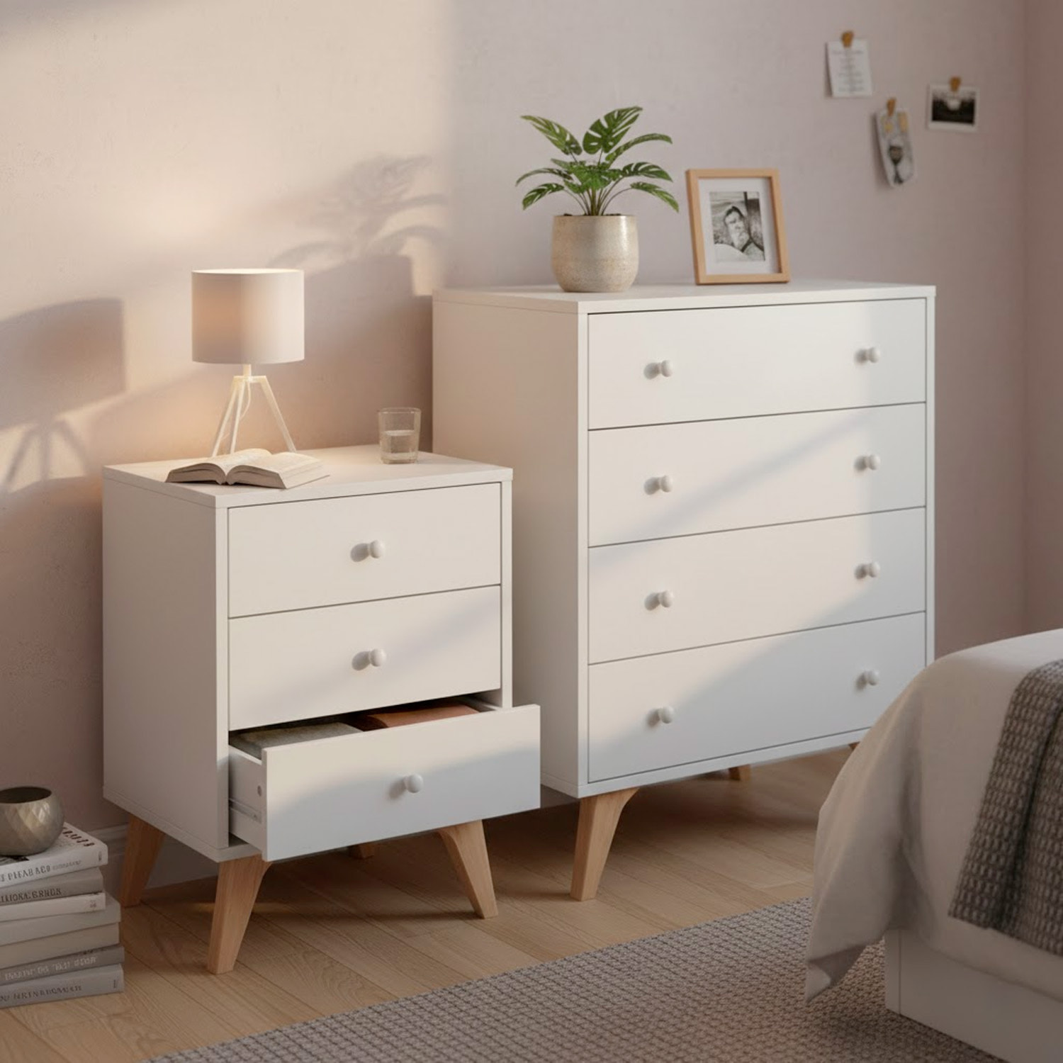 Comò A 4 Cassetti Comodino Stile Scandinavo Cassettiera Settimino Per Camera da Letto Con Gambe Nordiche Guide Metalliche 77.5x40x95 Cm Bianco Opaco