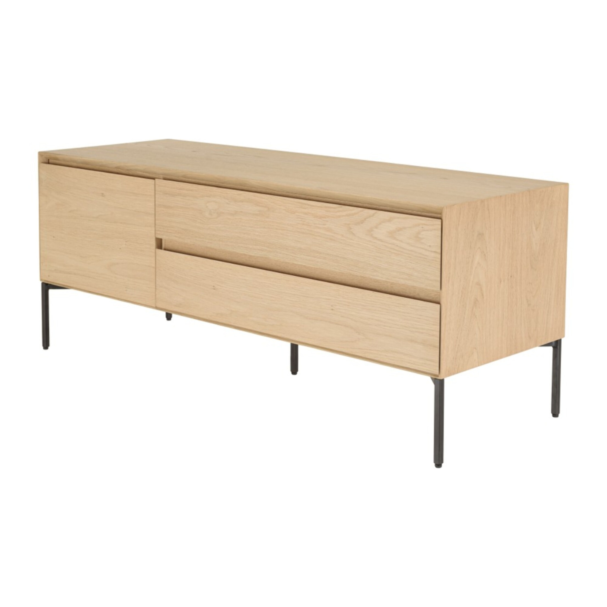 MAXENDRE - Meuble TV naturel 1 porte 2 tiroirs pieds métal noir