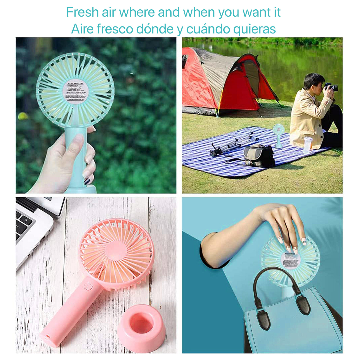 Mini ventilatore portatile con batteria e supporto da scrivania.