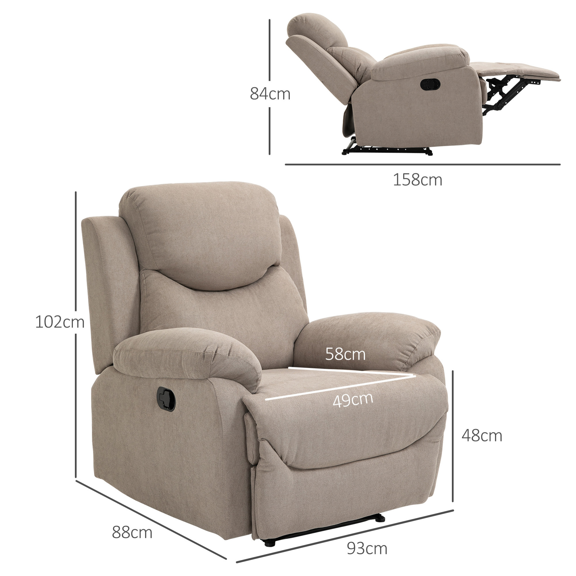 Sillón Reclinable de Salón Sillón Relax Reclinable Manual con Reposabrazos y Reposapiés Carga 150 kg Sofá Relax para Salón Dormitorio Beige