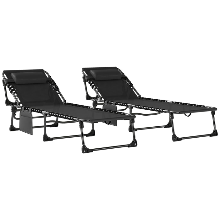 Set de 2 Tumbonas Jardín Exterior, Tumbonas Plegables con Reposacabezas y Bolsillo Lateral, Respaldo Reclinable 5 Posiciones y Asiento de Malla Transpirable para Playa, Piscina, Negro